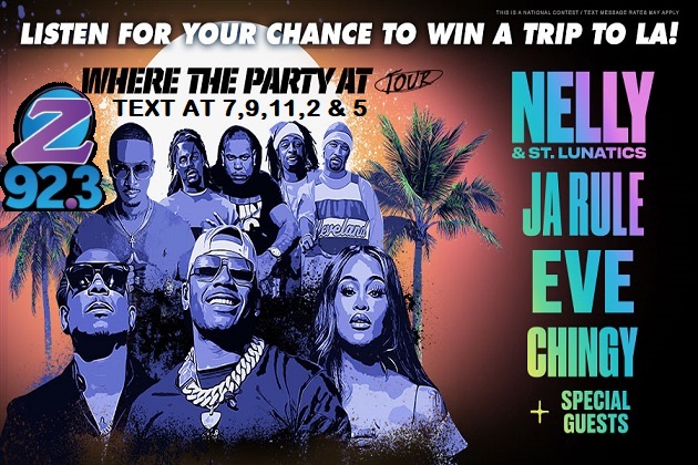 More Ultimate Ticket GiveawayZ! WIN ALL WEEK! Where The Party At Tour with Nelly, Ja Rule, Eve, Chingy &amp; more in L.A.! Win a trip for two with flights, hotel &amp; tickets plus you’ll hang in the Mo’Shine VIP Lounge after the show where you’ll get to MEET Nelly!