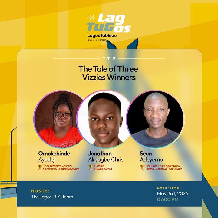 Hey #datafam!

Join the Lagos TUG team for a discussion with our Nigerian Vizzie winners! They’ll share their experiences and how to start your tableau journey and gain recognition. 

You don’t want to miss it!

Set a reminder: x.com/i/spaces/1kvJp…