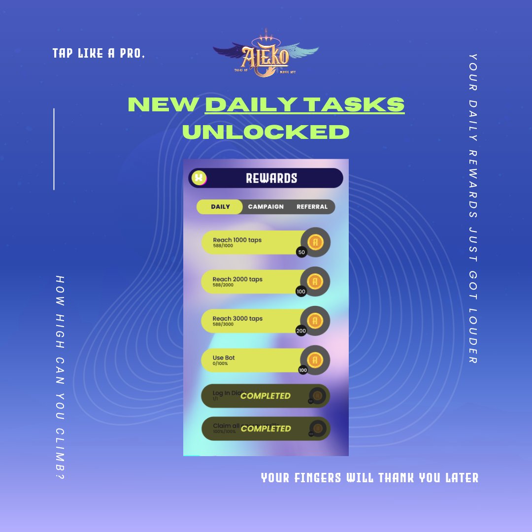 talesofaleko's tweet image. New Daily Tasks Unlocked!
Get ready to tap, climb, and conquer!
Complete daily missions, rack up your rewards, and show the world how high you can reach. Your grind just got even louder — let’s go!

#TalesOfAleko #RhythmGames #RhythmMasters #GamingCommunity #Gamefi #Web3 #NFTs…