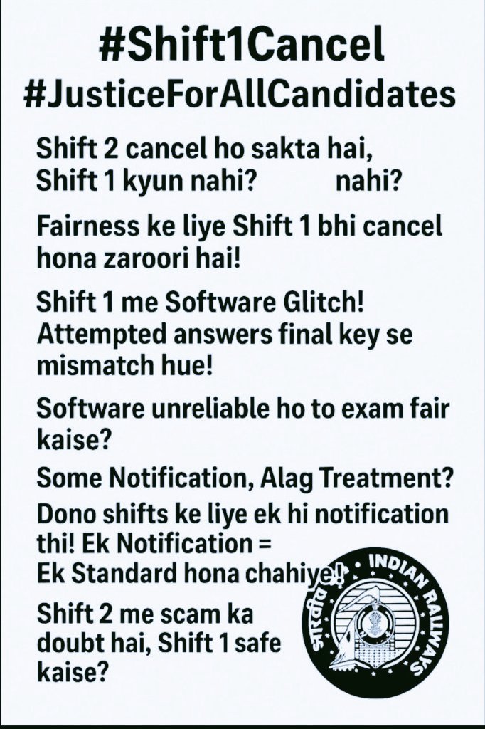 Satish kumar (@satish977280) on Twitter photo Same software was used in shift 1 that too was used in shift 2 if there was glitch how students gonna believe in its fairness and transparency ? We are not your scapegoats , also cancel and reschedule shift 1 exam #Justice_For_Shift1_Candidates #Cancel_RRB_JE_CBT2 <a href="/RailMinIndia/">Ministry of Railways</a> Same software was used in shift 1 that too was used in shift 2 if there was glitch how students gonna believe in its fairness and transparency ? We are not your scapegoats , also cancel and reschedule shift 1 exam #Justice_For_Shift1_Candidates #Cancel_RRB_JE_CBT2 <a href="/RailMinIndia/">Ministry of Railways</a>