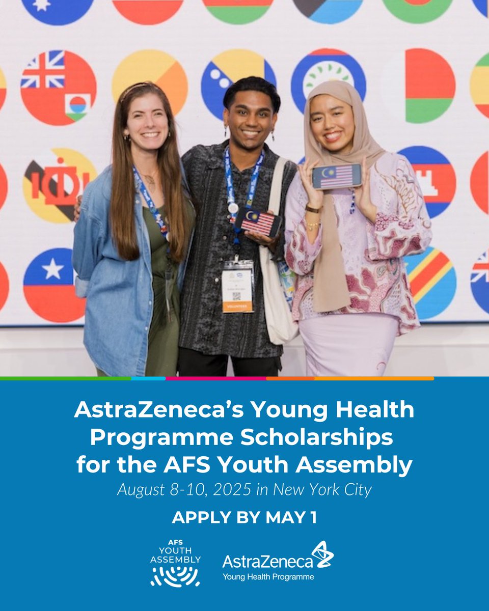 Get a scholarship for the AFS Youth Assembly!We’ve partnered with AstraZeneca Young Health Programme to support young leaders working, studying or researching in the areas of Health Equity, Health System Resilience and Climate, and Nature Action.Apply now:
youthassembly.org/scholarships/a…