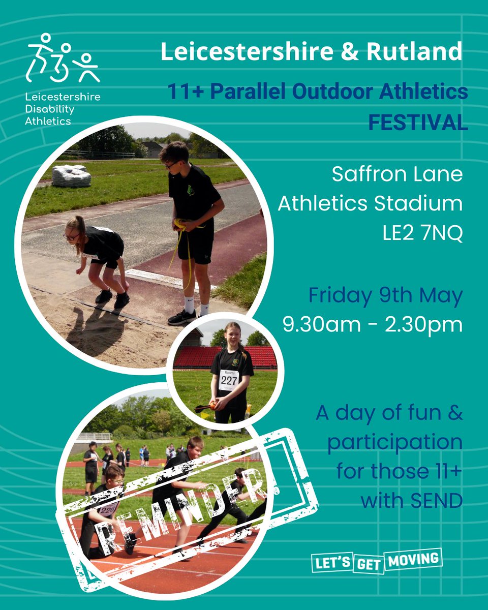 A reminder that entries for the #Leicestershire &amp; #Rutland 11+ Parallel Outdoor #Athletics Festival close shortly.

📆 Fri 9th May
⏰ 9.30am - 2.30pm
📍 Saffron Lane Athletics Stadium. LE2 7NQ

Get your entries in!

#ParaAthletics