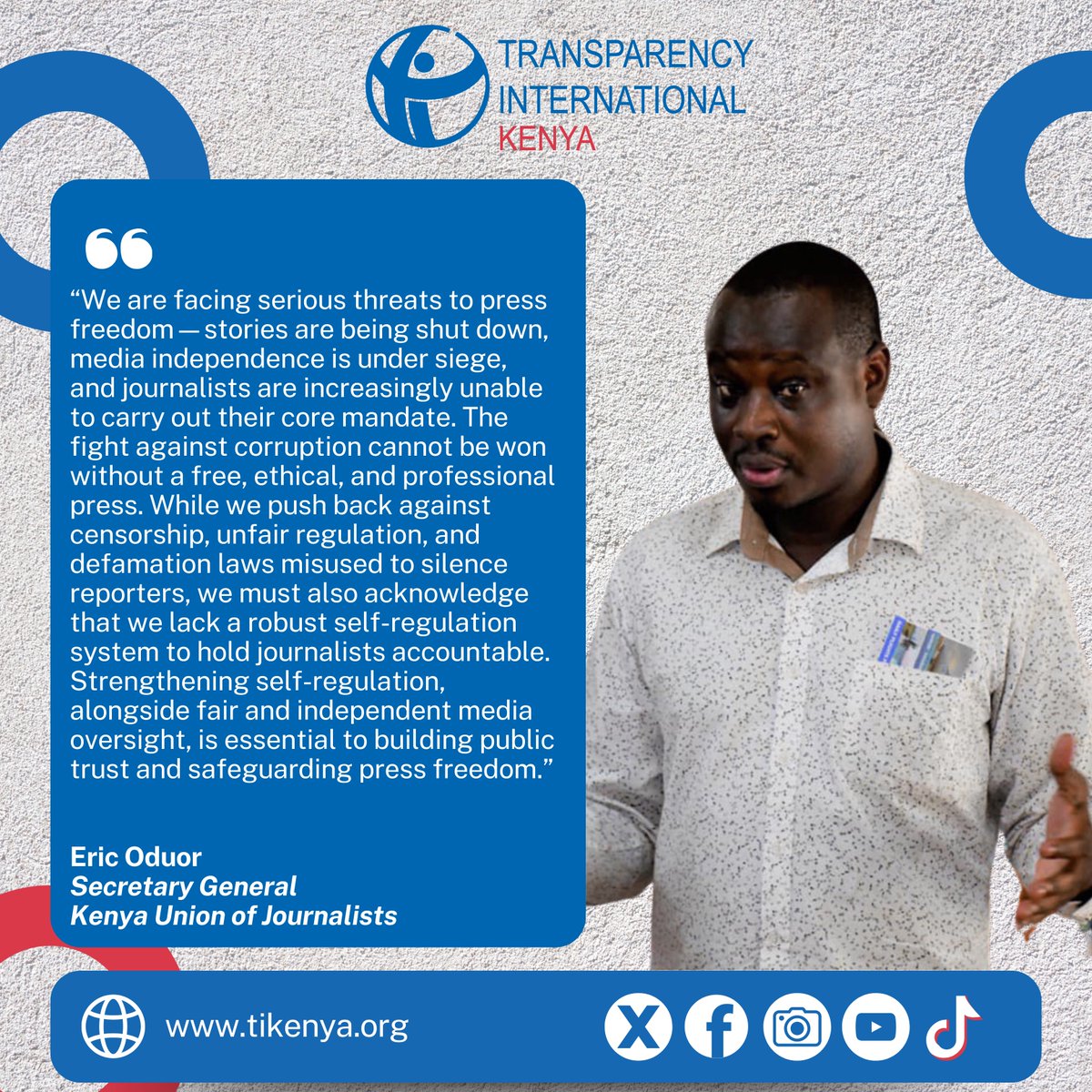TIKenya's tweet image. “We are facing serious threats to press freedom—stories are being shut down, media independence is under siege, and journalists are increasingly unable to carry out their core mandate. The fight against corruption cannot be won without a free, ethical, and professional press.…