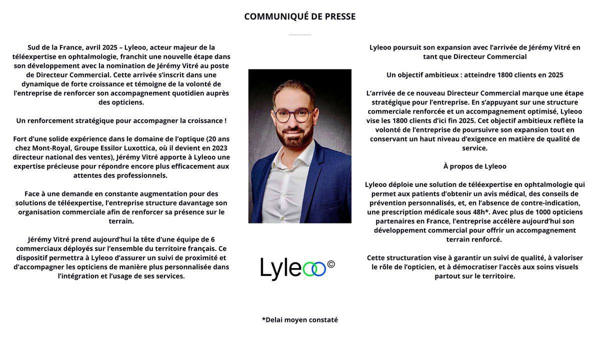 1/

[ COMMUNIQUÉ DE PRESSE ]

#Lyleoo poursuit son expansion !

Jérémy Vitré rejoint l’aventure comme Directeur Commercial !

Une nouvelle étape pour accélérer notre développement et soutenir nos opticiens.

@Accuite_fr
search.app/JjDTaMB5jd6R1C…
#Ophtalmologie #Optique