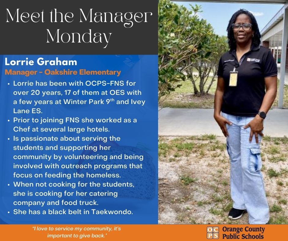 OCPS_FNS's tweet photo. Meet Ms. Lorrie, Manager at Oakshire ES, if you don't find her feeding students in the cafeteria, look for her at the Winter Park Farmers' Market cooking up some Mommas Ribs in her food truck - Sweet and Sassy Hickory Smokehouse.
#meetthemanagermonday #lunchhero #feedingstudents https://t.co/sPdCI9YNJA