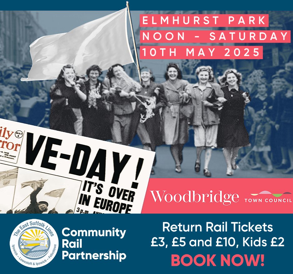 East Suffolk Lines (@eastsuffolkline) on Twitter photo Celebrate #VEDay80 with <a href="/WoodbridgeDeben/">Woodbridge Town Council</a> Saturday 10/5 at Elmhurst Park. Procession, 40's music, scones/cake/food, best dressed competition, prizes. Get there by train! Return: £3 #Ipswich, £5 #Sax, £10 #Lowestoft. £2 kids. Return on any train! Book now! tinyurl.com/VEWDB Celebrate #VEDay80 with <a href="/WoodbridgeDeben/">Woodbridge Town Council</a> Saturday 10/5 at Elmhurst Park. Procession, 40's music, scones/cake/food, best dressed competition, prizes. Get there by train! Return: £3 #Ipswich, £5 #Sax, £10 #Lowestoft. £2 kids. Return on any train! Book now! tinyurl.com/VEWDB