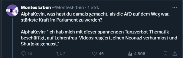 bronkizz2020048's tweet photo. Das ist doch Comedy oder?😂
Dave #kuchenfiles #MontesErben, der auf lächercherlichste Art versucht #Kuchngeschmack, #TobiasHuch, usw. als rechtsradikal zu framen,fragt #AlphaKevin :
Was hast du damals gemacht, als die AfD auf dem Weg war, stärkste Kraft im Parlament zu werden? https://t.co/HapTtP58SX