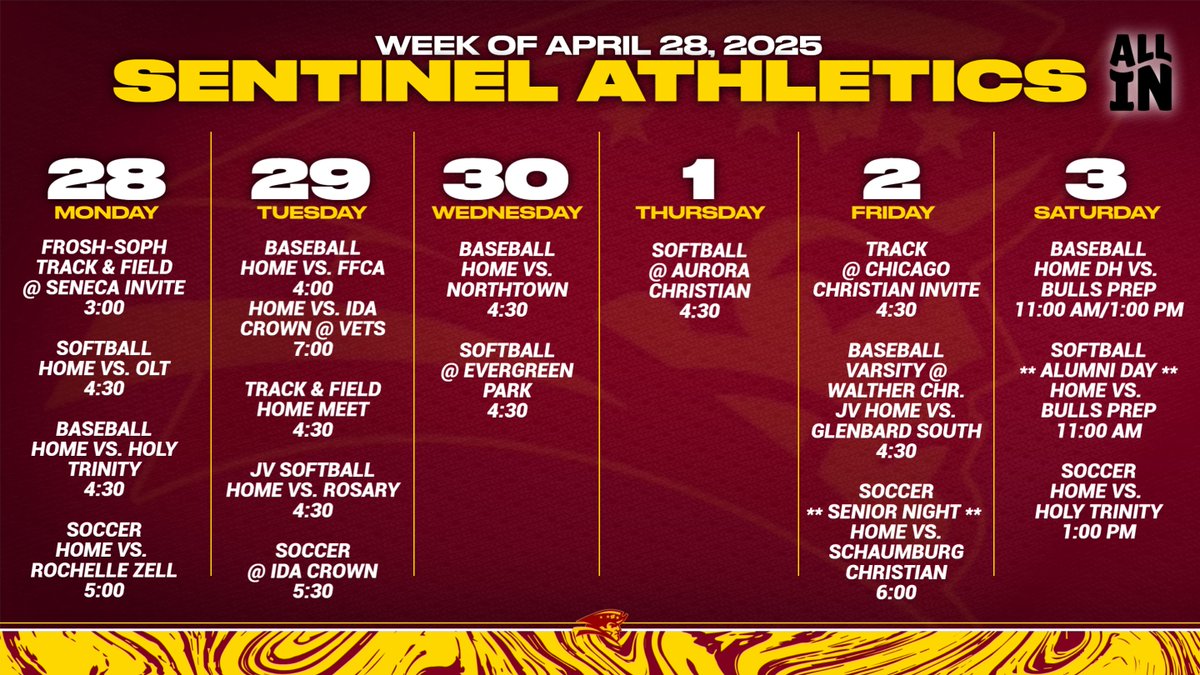 The week ahead in Sentinel Athletics! Championship season is quickly approaching for spring sports!!
