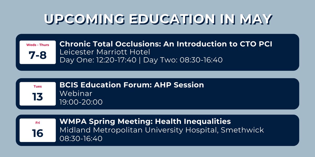 Millbrook Medical Conferences (@millbrookmed) on Twitter photo As April comes to a close, get ready for an exciting month of medical education. Here’s what’s coming up in May:
👉Chronic Total Occlusions: An Introduction to CTO PCI: millbrook-events.co.uk/event/CTO25/su…
👉<a href="/BCIS_uk/">BCIS</a> Education Forum: AHP Session: millbrook-events.co.uk/event/BCISAHPH…
👉<a href="/WMPA_UK/">West Midlands Physicians Association</a> Spring As April comes to a close, get ready for an exciting month of medical education. Here’s what’s coming up in May:
👉Chronic Total Occlusions: An Introduction to CTO PCI: millbrook-events.co.uk/event/CTO25/su…
👉<a href="/BCIS_uk/">BCIS</a> Education Forum: AHP Session: millbrook-events.co.uk/event/BCISAHPH…
👉<a href="/WMPA_UK/">West Midlands Physicians Association</a> Spring