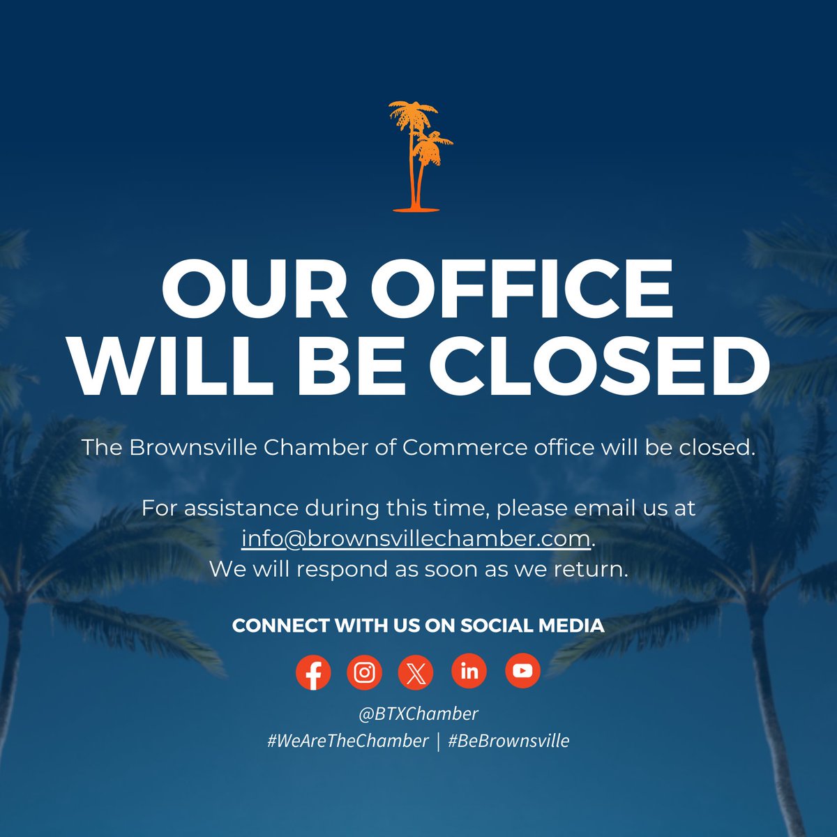 The Brownsville Chamber of Commerce will be closed from 8:00 AM to 1:00 PM today as our team proudly supports our partners at the Brownsville Community Improvement Corporation during their Fireside Chat with Vicente Fox. We will open promptly at 1 PM.