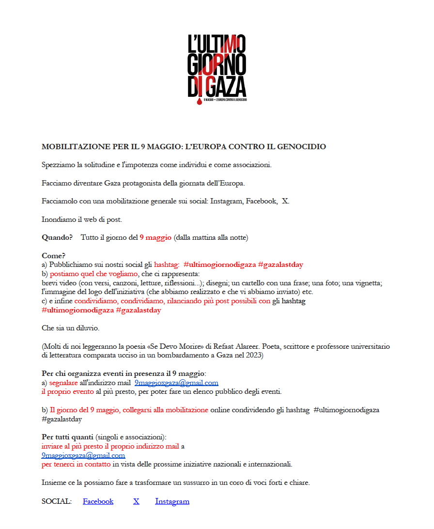 ultimogiornodigaza (@gazalastday) on Twitter photo ecco un kit che abbiamo preparato per il 9 maggio. Istruzioni per l'uso, per sapendo che la cosa fondamentale è lasciare libero il sussurro che corre già da mesi.
Abbiamo provato a dare qualche indicazione.
<a href="/gazalastday/">ultimogiornodigaza</a>
#ultimogiornodigaza #gazalastday ecco un kit che abbiamo preparato per il 9 maggio. Istruzioni per l'uso, per sapendo che la cosa fondamentale è lasciare libero il sussurro che corre già da mesi.
Abbiamo provato a dare qualche indicazione.
<a href="/gazalastday/">ultimogiornodigaza</a>
#ultimogiornodigaza #gazalastday