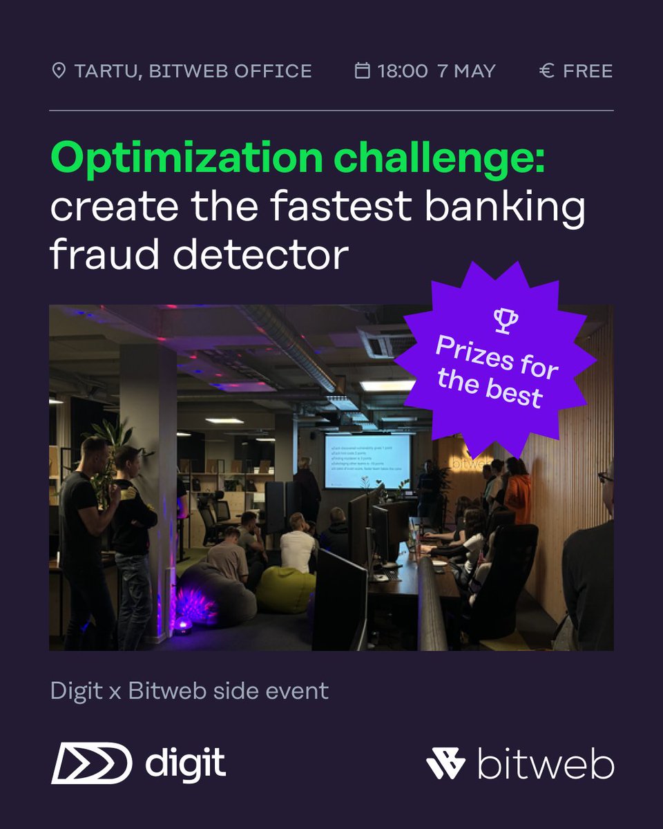The Optimization Challenge kicks off Digit Conference 2025 on May 7th at Bitweb! 💥

🗓 When: May 7, 18:00–22:00
📍 Where: Bitweb Office, Vallikraavi 2, Tartu

Spots are limited, so please register 👉  forms.office.com/e/e1bsV32tUy

#digitconf