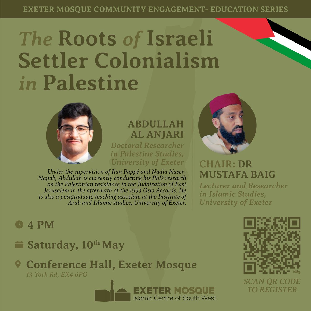 للمتواجدين في بريطانيا، يُشرِّفني حضوركم لهذه المحاضرة التي سألقيها في مسجد مدينة إكسيتر بعنوان: جذور الاستعمار الاستيطاني الإسرائيلي في فلسطين. رابط التسجيل:

This talk is happening in Exeter mosque, &amp; everybody is welcome to attend! Registeration link

docs.google.com/forms/d/e/1FAI…