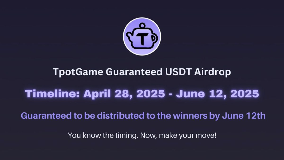 New #airdrop: TpotGame (Official Bot &amp; Guaranteed USDT)
Reward: 2 USDT
News: Guaranteed, BlueSnakes
Distribution date: June 12th

🔗Airdrop Link: t.me/TpotGameGuaran…

1: Airdrop reward will distributed to winner around June 12th
2: The Top 50 referrals will be each get more