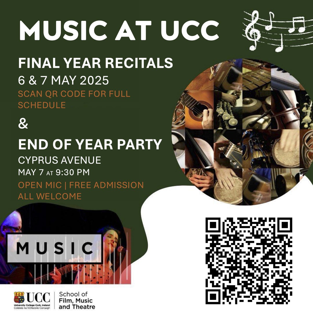 The Department of Music student end-of-year recitals take place on Tuesday 6th and Wednesday 7th May 2025.
For full schedule and locations please see following link:
ucc.ie/en/fmt/music/n…
All welcome!