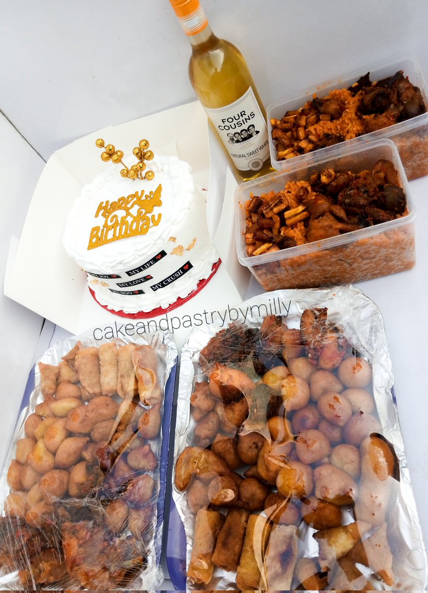 Price: N85,000

It's content: 

-An 8inches, 1 layer, redvelvet cake in whippedcream frosting 
-2 bowls of jollof rice, chicken, gizzard and plantain
-2 trays of small chops
-A bottle of alcoholic wine 

Available to deliver daily within Lagos.
Send a DM to place an order
