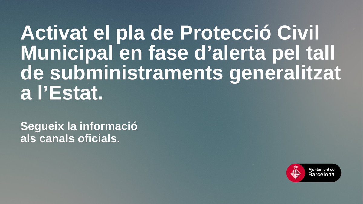Activada l'alerta del Pla de Protecció Civil municipal per un tall de subministrament elèctric.  
S'ha convocat el Centre de Coordinació Operativa d'Emergències de Barcelona (CECOR), per a seguir les afectacions.

Per a informació actualitzada, seguiu fonts oficials.