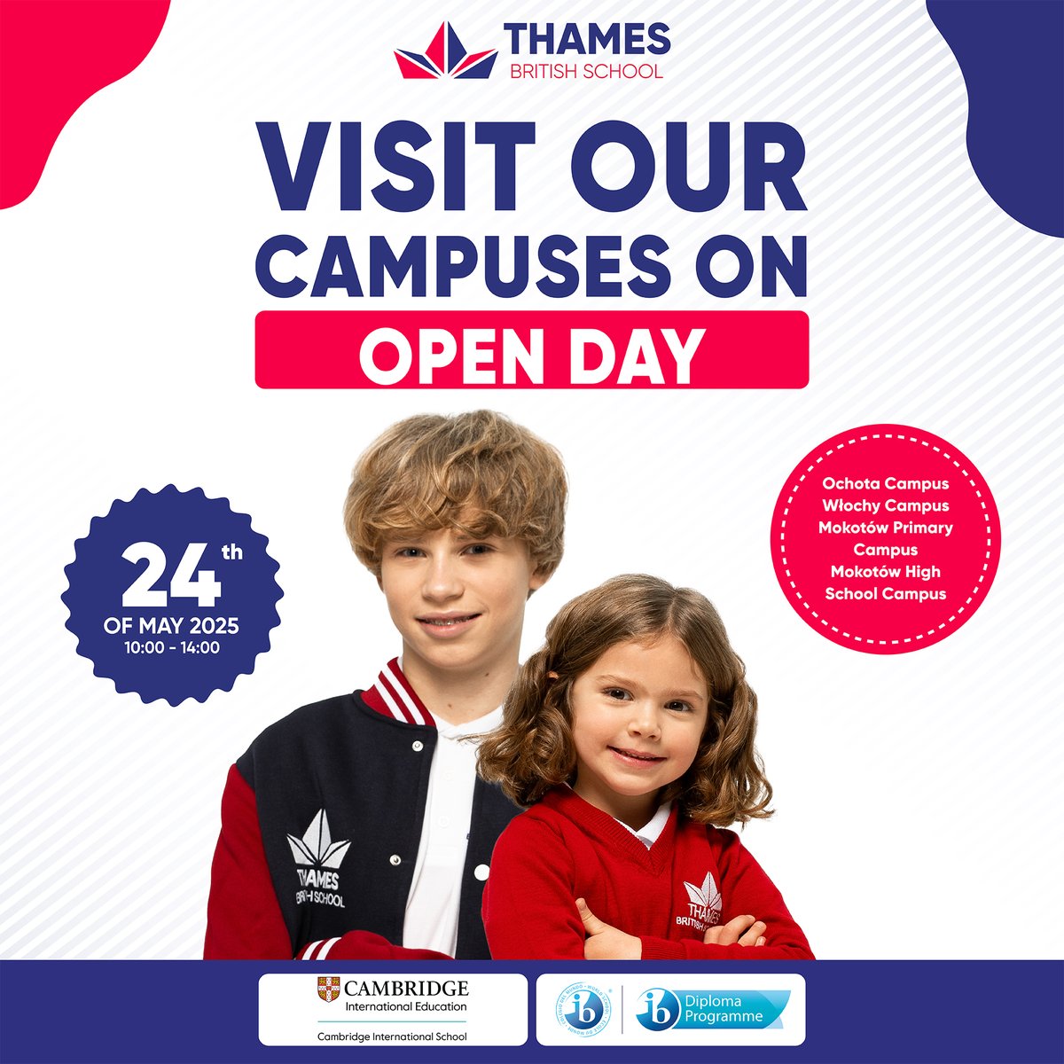 TBS_Warsaw's tweet image. 🧑🏫 Visit our 𝟒 𝐜𝐚𝐦𝐩𝐮𝐬𝐞𝐬 on 𝐎𝐩𝐞𝐧 𝐃𝐚𝐲! 🎈
📌 Attend our 𝐎𝐩𝐞𝐧 𝐃𝐚𝐲 on 𝐌𝐚𝐲 𝟐𝟒, 𝟐𝟎𝟐𝟓 at our first-rate 4 campuses in 🏙️ #Warsaw:
🏫 𝐌𝐨𝐤𝐨𝐭ó𝐰 𝐏𝐫𝐢𝐦𝐚𝐫𝐲 Campus
🏫 𝐖ł𝐨𝐜𝐡𝐲 Campus
🏫 𝐎𝐜𝐡𝐨𝐭𝐚 Campus
🏫 𝐌𝐨𝐤𝐨𝐭ó𝐰 𝐇𝐢𝐠𝐡 𝐒𝐜𝐡𝐨𝐨𝐥…