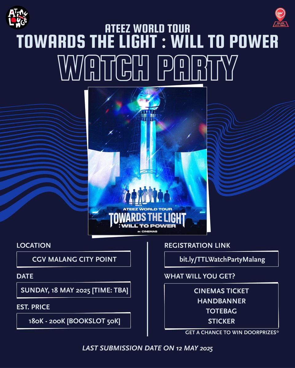 🎬ATEEZ WORLD TOUR [TOWARDS THE LIGHT : WILL TO POWER] WATCH PARTY!🏴‍☠️

Get ready to relive the electrifying energy of ATEEZ’s monumental world tour on the BIG SCREEN!🔥

🔗 bit.ly/TTLWatchPartyM…

Bring your crew, light up the cinema, and let’s sail toward the light together! 🚢