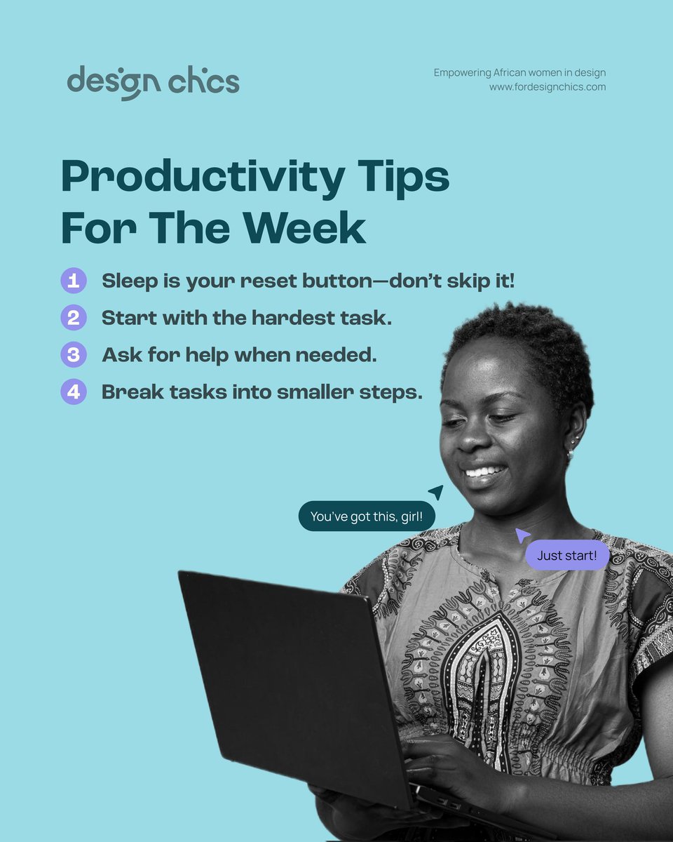 Designchics's tweet image. A new week is here 🎉
Let’s be honest — salary earners might be the only ones truly excited.

But no matter how you’re feeling, gear up with a productive mindset and follow these tips to get things done.

Anything is possible. Just start!

#DesignChics #FemaleDesigners…