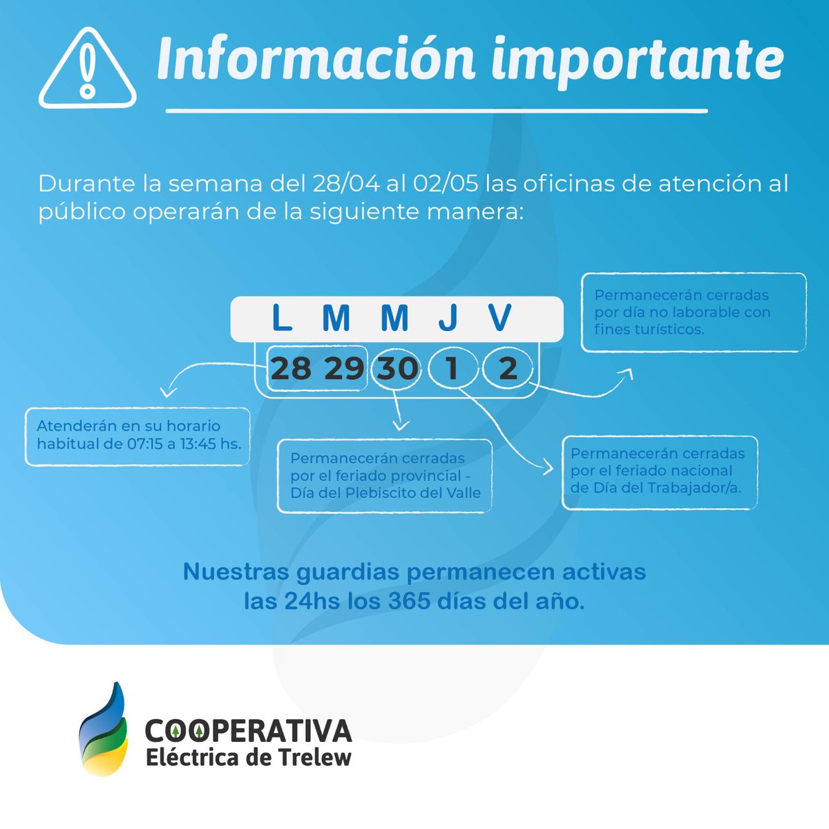 📍 Información importante sobre los días y horarios de atención al público del 28/04 al 02/05