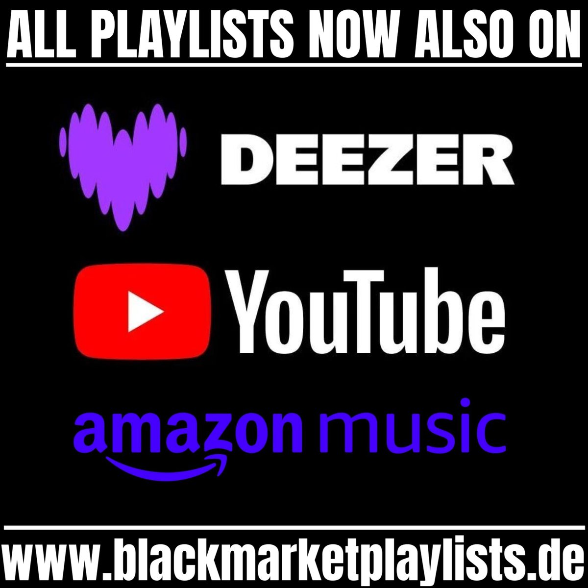 NEW: All playlists are now on Deezer, YouTube, and Amazon Music in addition to Spotify. Synchronized daily. Also available on SoundCloud (not all songs are there). More information here: blackmarketplaylists.de/blog/