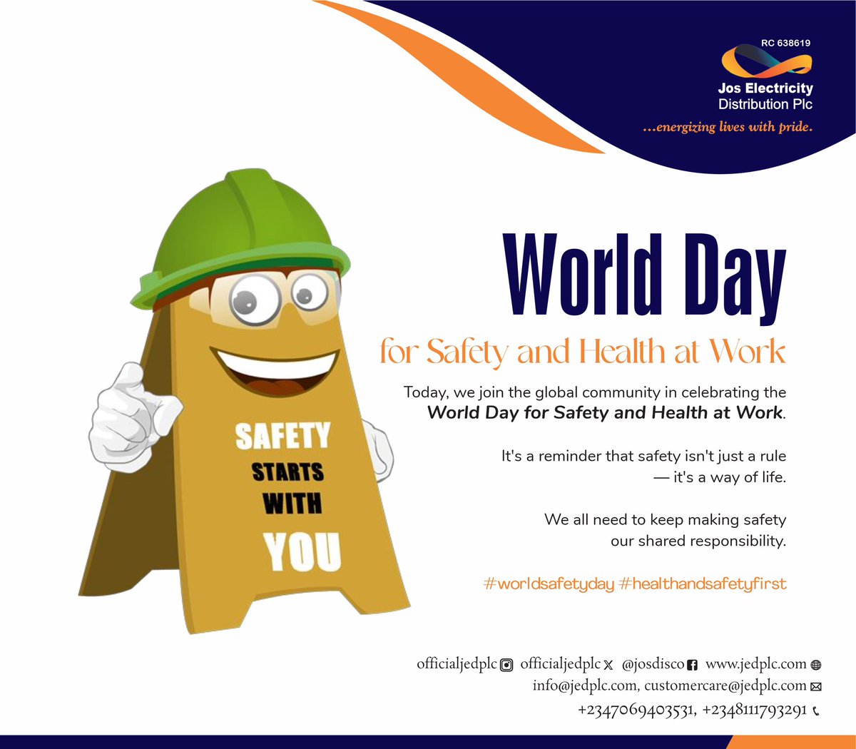 Happy World Day for Safety and Health at Work!

#jedplc 
#energizingliveswithpride
#worldsafetyday 
#healthandsafetyfirst