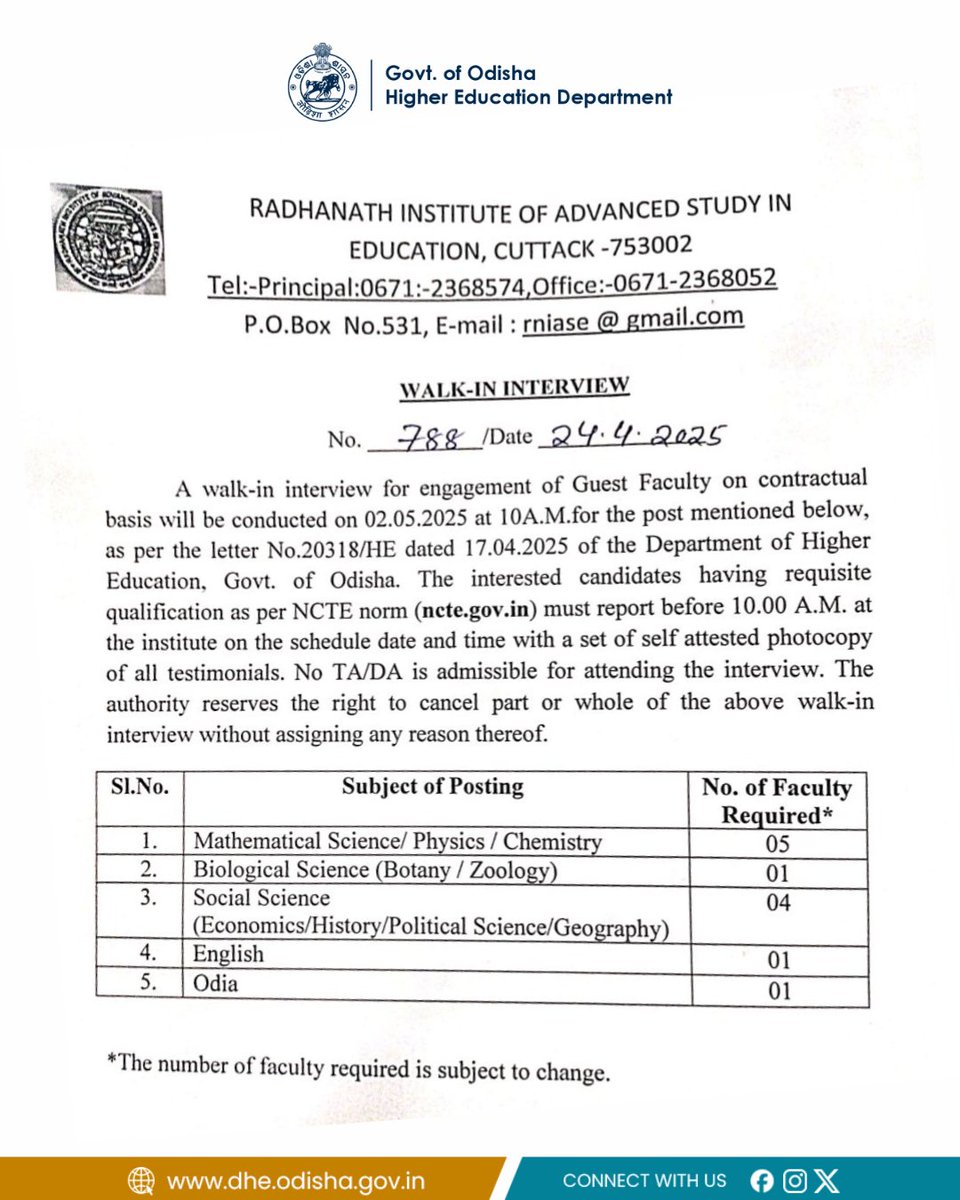 DHE_Odisha's tweet image. Attention everyone! A walk-in interview for the position of Guest Faculty on a contractual basis will be held on May 2, 2025, at 10:00 AM. Please refer to the details mentioned in the post.

#HigherEducation #walkininterview #Interview