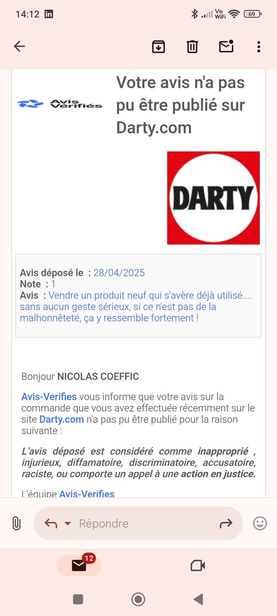 On ne peut donc pas dire la vérité dans les avis clients chez <a href="/Darty_Officiel/">Darty</a> ...