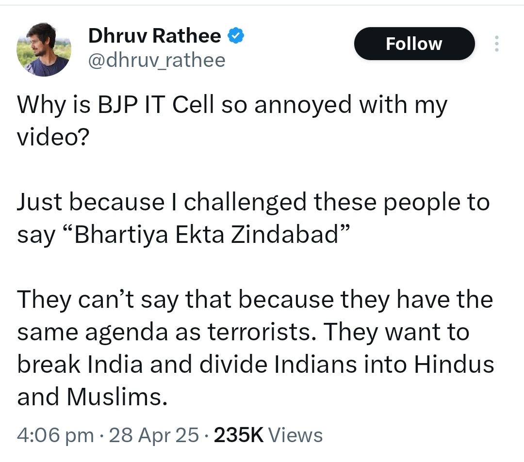 Mr Sinha (@mrsinha_) on Twitter photo Bhartiya Ekta Jindabad
Bhartiya Ekta Jindabad
Bhartiya Ekta Jindabad
Now repeat After Me & ask some of your followers to do the same :
-Pakistan Murdabad
-Islamic Terrorism Murdabad
-Pakistan ke Pille Murdabad
<a href="/dhruv_rathee/">Dhruv Rathee</a> Bhartiya Ekta Jindabad
Bhartiya Ekta Jindabad
Bhartiya Ekta Jindabad
Now repeat After Me & ask some of your followers to do the same :
-Pakistan Murdabad
-Islamic Terrorism Murdabad
-Pakistan ke Pille Murdabad
<a href="/dhruv_rathee/">Dhruv Rathee</a>
