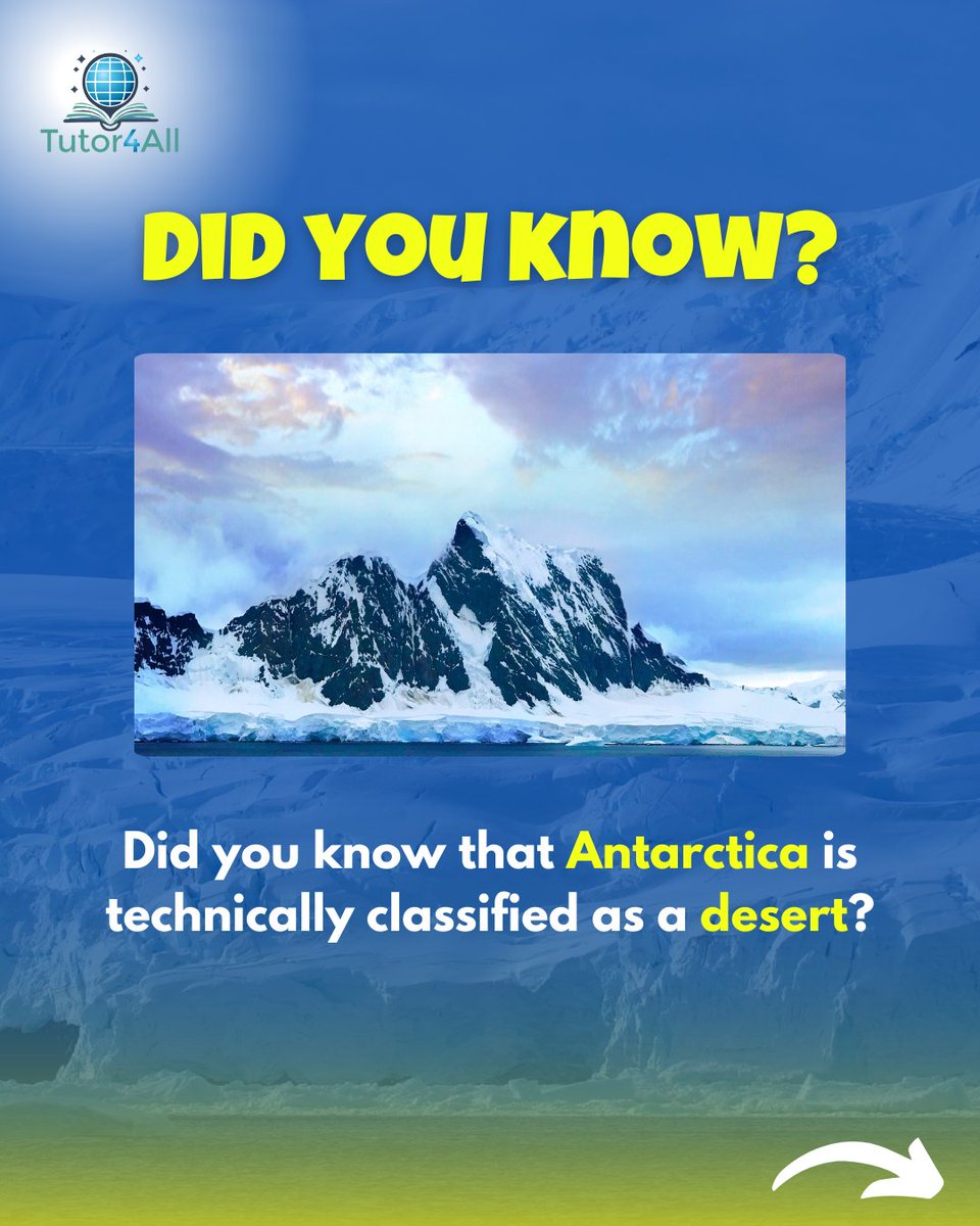 thetutor4all's tweet image. Antarctica is technically a desert! 🏜️❄️
It gets less than 2 inches of precipitation a year—making it drier than the Sahara.
Despite its harsh conditions, life persists, offering crucial insights into climate change.

#AntarcticaFacts #FrozenDesert #ClimateScience #DidYouKnow