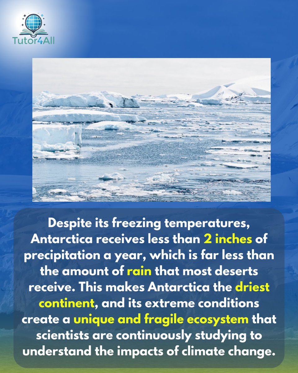 thetutor4all's tweet image. Antarctica is technically a desert! 🏜️❄️
It gets less than 2 inches of precipitation a year—making it drier than the Sahara.
Despite its harsh conditions, life persists, offering crucial insights into climate change.

#AntarcticaFacts #FrozenDesert #ClimateScience #DidYouKnow