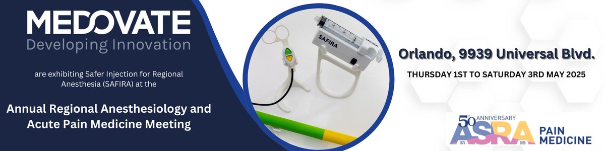 🔊Exciting news! This week is the ASRA (50th Annual Regional Anesthesiology and Acute Pain Medicine   Meeting) in Orlando. 

Medovate will be displaying the SAFIRA system on Stand 107, so be sure to visit to learn more about the novel solution for regional anesthesia procedures.