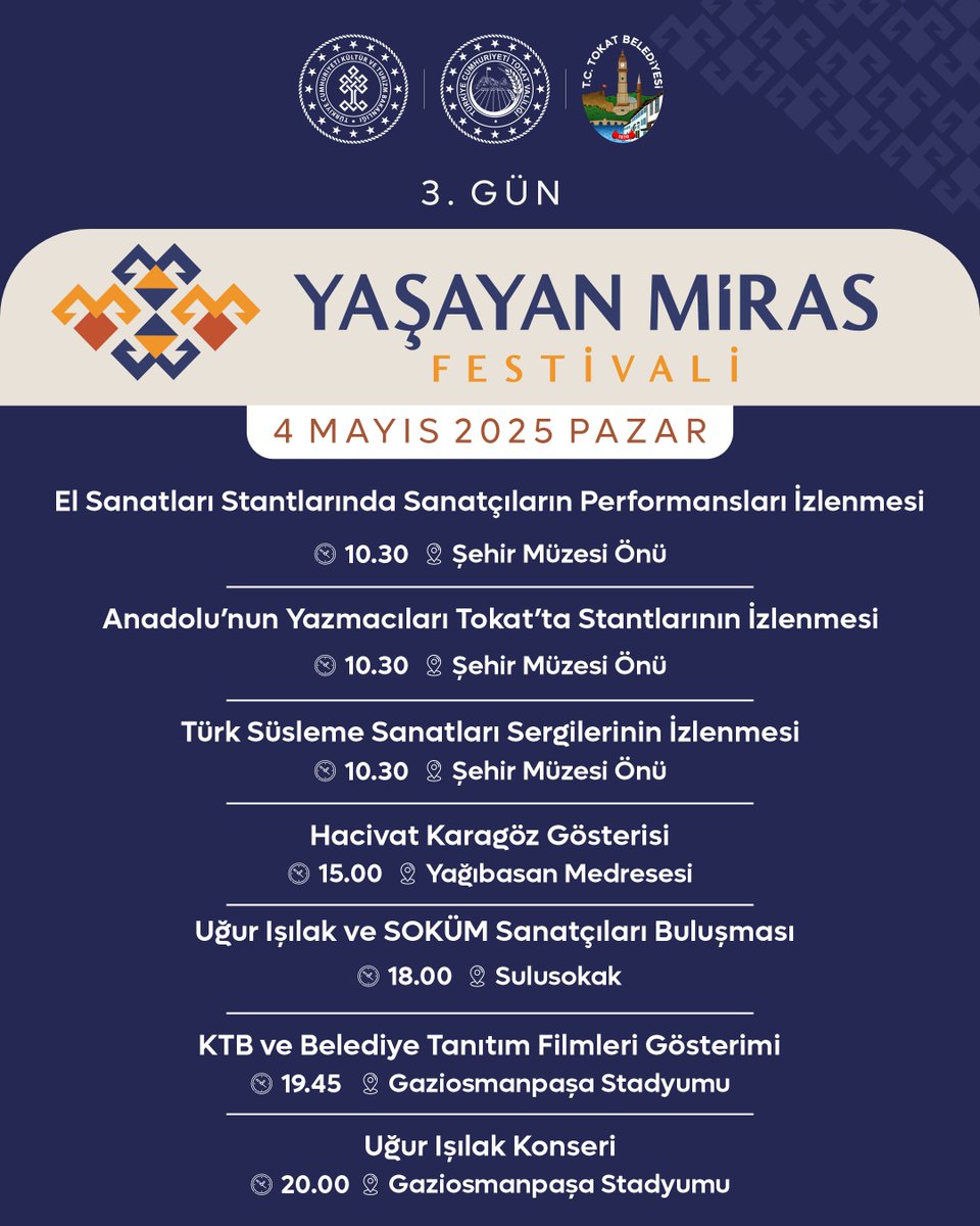 ✅"Yaşayan Miras Festivali" Tokat'ta

📢2-4 Mayıs tarihleri arasında ilimizde gerçekleştirilecek olan festival kapsamında yapılacak etkinliklere tüm halkımız davetlidir.