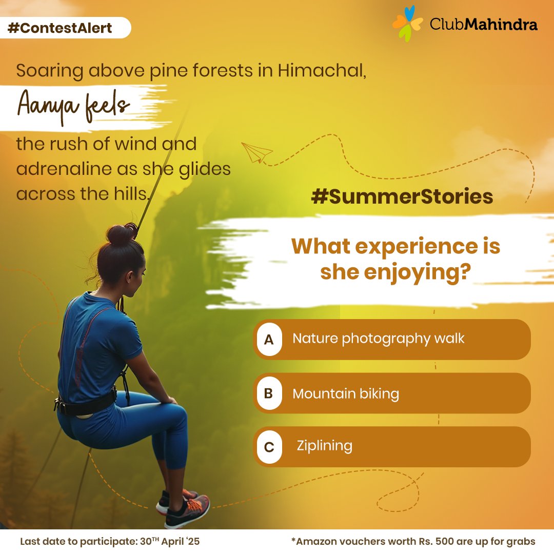 Club Mahindra (@clubmahindra) on Twitter photo #ContestAlert 13 of 15
Participate in all #SummerStories
STEPS
1) Comment below with your answer using #SummerStories and #ClubMahindra.
Donât forget to tag <a href="/clubmahindra/">Club Mahindra</a> and four of your friends â itâs mandatory!
2) Participate in all 15 contest posts. Winners get Amazon #ContestAlert 13 of 15
Participate in all #SummerStories
STEPS
1) Comment below with your answer using #SummerStories and #ClubMahindra.
Donât forget to tag <a href="/clubmahindra/">Club Mahindra</a> and four of your friends â itâs mandatory!
2) Participate in all 15 contest posts. Winners get Amazon