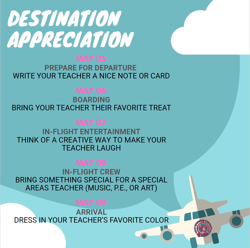 Teacher Appreciation is a week away, and we look forward to celebrating all of our staff during this time. If you need ideas to celebrate your child's teacher or others who have impacted their learning experience, here are some as we head into Destination Appreciation ☺️