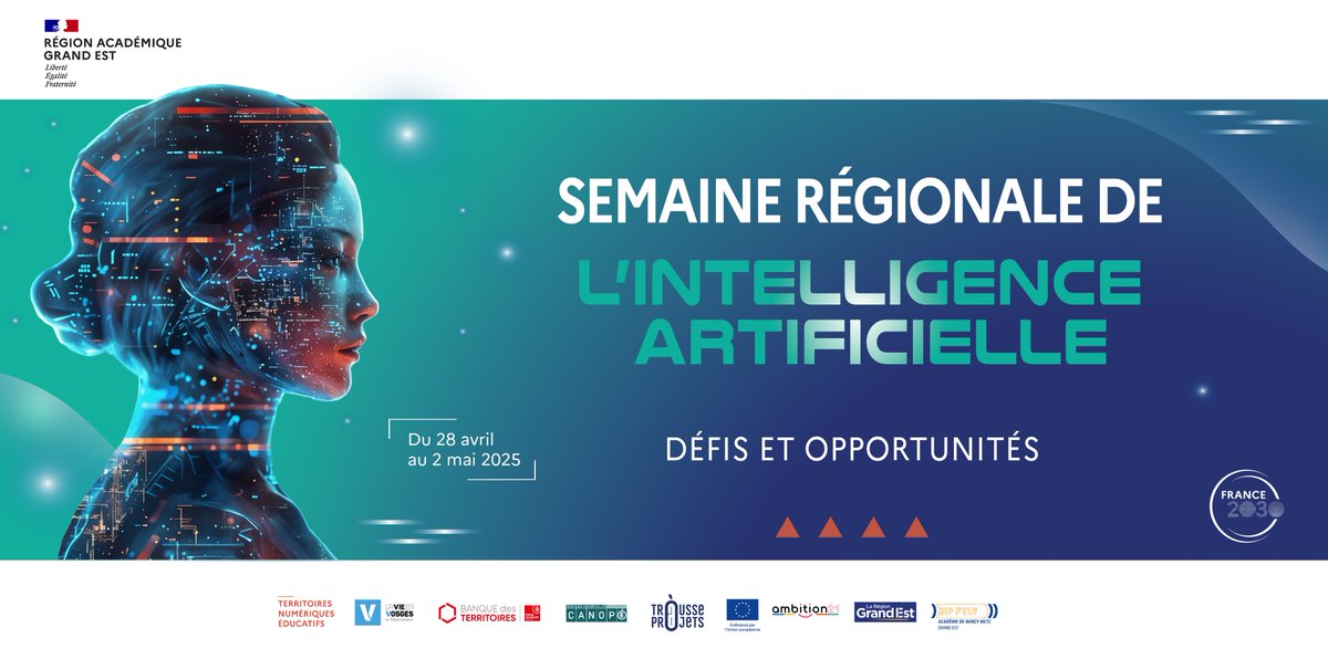 🤖 [#SemaineIA] - 🗓️ Les 29 et 30 avril 2025, <a href="/acnancymetz/">Académie de Nancy-Metz</a>, <a href="/AcReims/">Académie de Reims</a> et <a href="/acstrasbourg/">Académie Strasbourg</a>  accueilleront les Journées régionales de l’Intelligence Artificielle. 
👉 Ces journées du #numérique éducatif visent à sensibiliser et acculturer aux enjeux de l'intelligence artificielle.