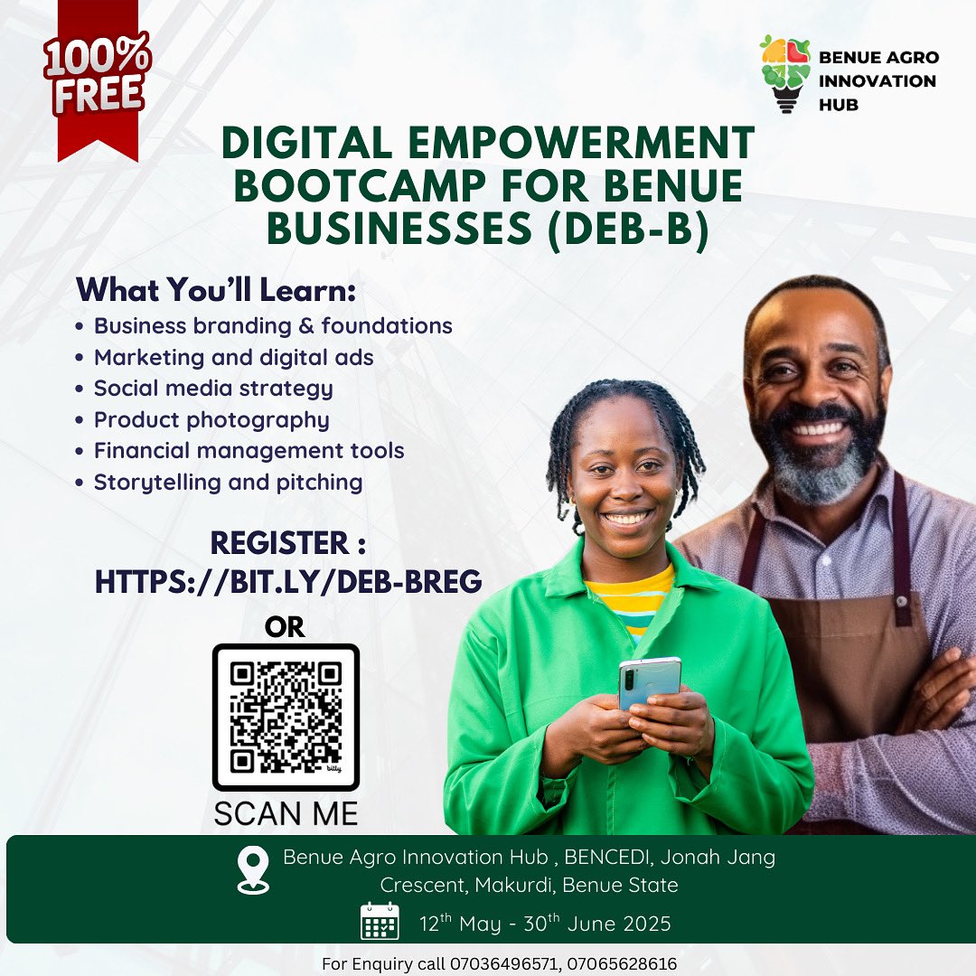 Grow your business for FREE!
Join the Digital Empowerment Bootcamp for Benue Businesses (DEB-B) — 7 weeks of expert-led digital training + mentorship!

Register: bit.ly/DEB-Breg

#DEBB #BenueBusinesses #FreeTraining