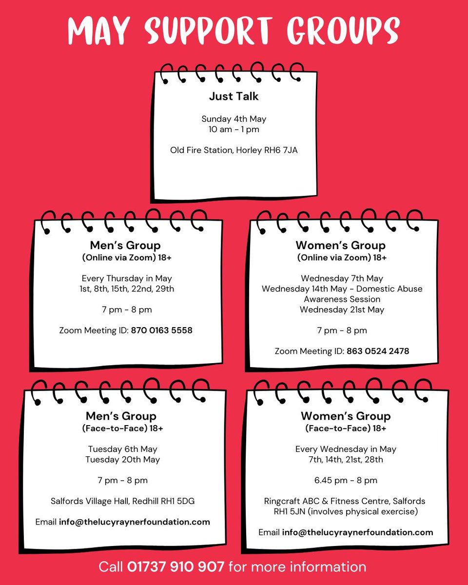 lucyraynerfoundation (@thelrfoundation) on Twitter photo Our Support Group Timetable for May🤝❤️
📧info@thelucyraynerfoundation.com
🔗thelucyraynerfoundation.com
📞01737 910 907
#LRF #TheLucyRaynerFoundation #SupportGroup #MentalHealthMatters #Community Our Support Group Timetable for May🤝❤️
📧info@thelucyraynerfoundation.com
🔗thelucyraynerfoundation.com
📞01737 910 907
#LRF #TheLucyRaynerFoundation #SupportGroup #MentalHealthMatters #Community
