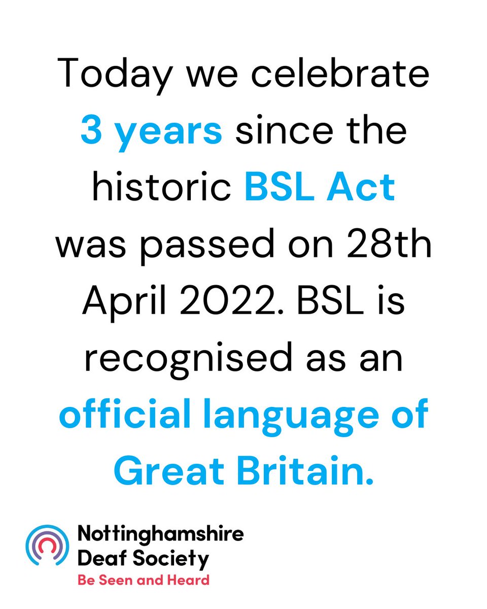 nottsDeaf's tweet photo. Happy National British Sign Language Day!

Today we celebrate 3 years since the historic BSL Act was passed on 28th April 2022. British Sign Language is recognised as an official language of Great Britain. 

#NationalBSLDay #BSLDay https://t.co/5gWoBOQ6yb