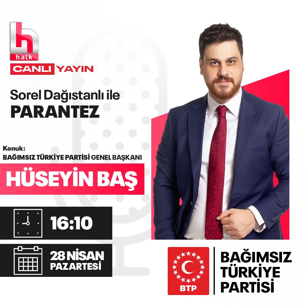 Bağımsız Türkiye Partisi (@btp_parti) on Twitter photo Genel Başkanımız <a href="/huseyinbas_BTP/">Hüseyin Baş</a> bugün saat 16.10’da Halk TV’de Sorel Dağıstanlı’nın canlı yayın konuğu olacaktır.
<a href="/halktvcomtr/">Halk TV</a> <a href="/soreldagistanli/">sorel dagistanli</a> Genel Başkanımız <a href="/huseyinbas_BTP/">Hüseyin Baş</a> bugün saat 16.10’da Halk TV’de Sorel Dağıstanlı’nın canlı yayın konuğu olacaktır.
<a href="/halktvcomtr/">Halk TV</a> <a href="/soreldagistanli/">sorel dagistanli</a>
