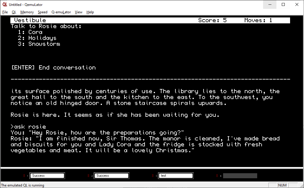 Another wet weekend, another #Vezza release! I was asked to adapt my #Infocom #zmachine adventure interpreter to the #SinclarQL which uses a #Motorola 68008 CPU but has an emulator for #z80 on CP/M 2.2 called SUCCESS.  Download it now: gitlab.com/sijnstra1/vezz… #retrocomputing