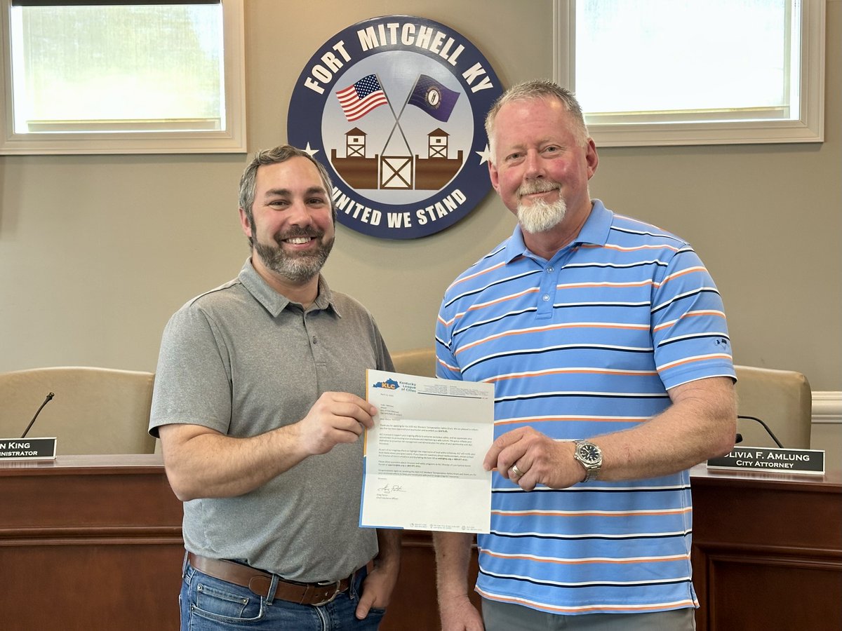 City of Fort Mitchell (@fortmitchellgov) on Twitter photo Fort Mitchell Public Works Director Nick Tewes, left, accepted a 2025 Safety Grant earlier today from <a href="/KyLeagueCities/">KY League of Cities</a> Senior Loss Control Consultant Gary Musgrave. Thank you, KLC! Fort Mitchell Public Works Director Nick Tewes, left, accepted a 2025 Safety Grant earlier today from <a href="/KyLeagueCities/">KY League of Cities</a> Senior Loss Control Consultant Gary Musgrave. Thank you, KLC!