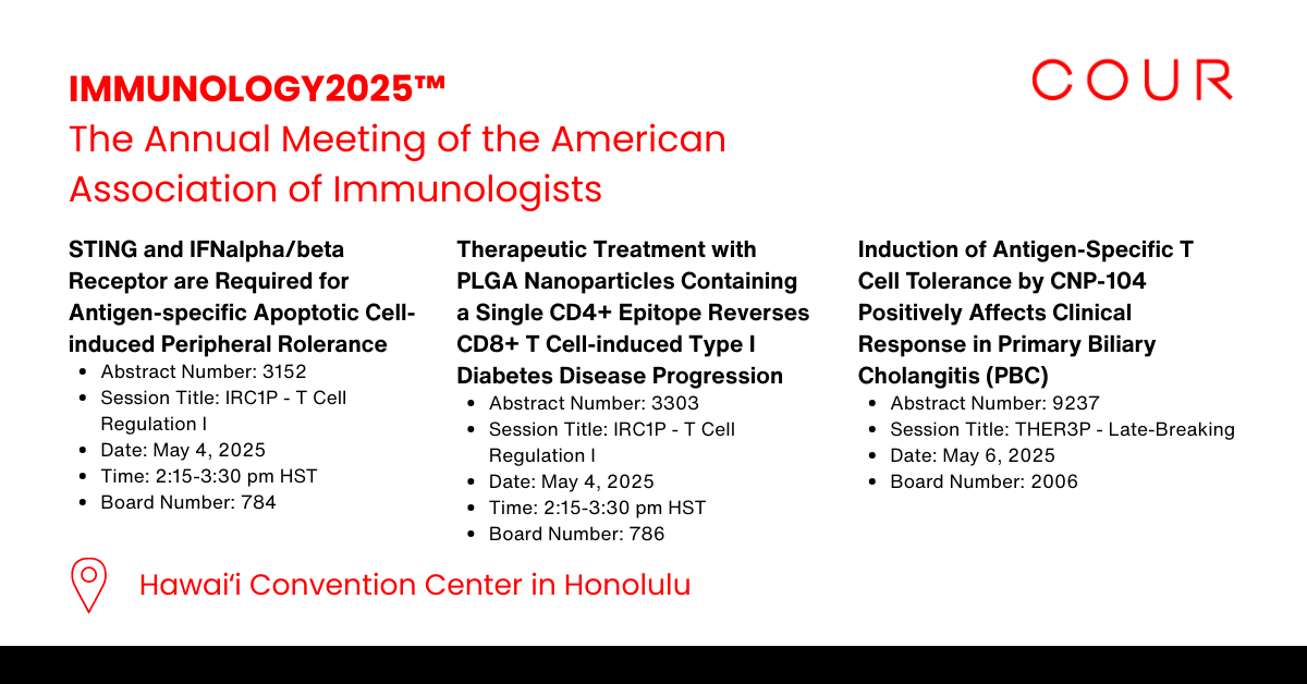 Cour Pharmaceutical Development Company, Inc. (@courpharma) on Twitter photo Join us at <a href="/ImmunologyAAI/">The American Association of Immunologists (AAI)</a>’s #IMMUNOLOGY2025™ as we present data that demonstrate the potential of our therapies, which are developed using our platform for antigen-specific immune tolerance, to treat #AutoimmuneDiseases. #AAI2025 Join us at <a href="/ImmunologyAAI/">The American Association of Immunologists (AAI)</a>’s #IMMUNOLOGY2025™ as we present data that demonstrate the potential of our therapies, which are developed using our platform for antigen-specific immune tolerance, to treat #AutoimmuneDiseases. #AAI2025