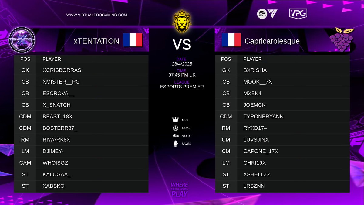Virtual Pro Gaming (@officialvpg) on Twitter photo 🔥 Competitive 11v11 Clubs
⚽️ <a href="/EASPORTSFC/">EA SPORTS FC</a>
🏆 <a href="/VPGPremier/">VPG Esports Premier</a> 🇪🇺
📅 Monday 28th April!
🎙️ Presented by <a href="/proclubs_weekly/">Pro Clubs Weekly</a>
<a href="/xTentationCP/">x Tentation</a> 🆚 <a href="/Capricarolesque/">Naza eSport x Capricarolesque 🍇</a>
📺 Live at 8:45pm UK - youtube.com/virtualprogami…
👥 xTENTATION XI
<a href="/Escrova_/">Dylan</a>
@Mister_PG
<a href="/mdrjetweet/">gz¿</a>
@absko9322
<a href="/xCrisborras/">Crisborras</a> 🔥 Competitive 11v11 Clubs
⚽️ <a href="/EASPORTSFC/">EA SPORTS FC</a>
🏆 <a href="/VPGPremier/">VPG Esports Premier</a> 🇪🇺
📅 Monday 28th April!
🎙️ Presented by <a href="/proclubs_weekly/">Pro Clubs Weekly</a>
<a href="/xTentationCP/">x Tentation</a> 🆚 <a href="/Capricarolesque/">Naza eSport x Capricarolesque 🍇</a>
📺 Live at 8:45pm UK - youtube.com/virtualprogami…
👥 xTENTATION XI
<a href="/Escrova_/">Dylan</a>
@Mister_PG
<a href="/mdrjetweet/">gz¿</a>
@absko9322
<a href="/xCrisborras/">Crisborras</a>