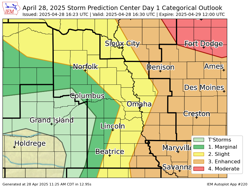 There are a few zones for today’s severe weather, but Omadome is forecasted to hold. The most intense storms stay in Minnesota and northern Iowa. Don’t be surprised if we also see storm development south of Omadome into extreme SE Nebraska/NW Missouri.
