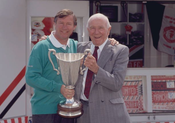 Sir Alex &amp; Sir Matt with the European Cup Winners Cup trophy (1991) #MUFC