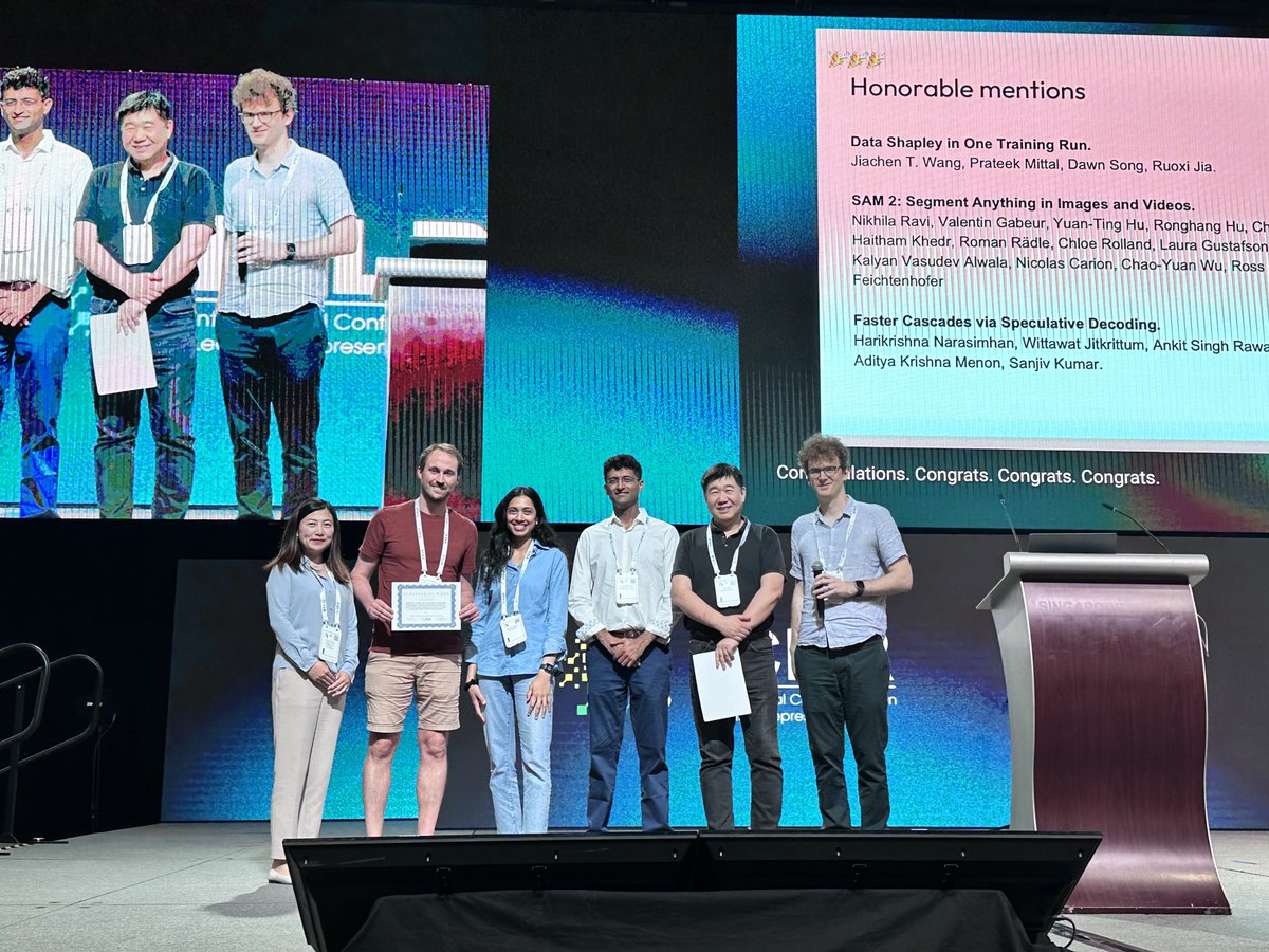 Nikhila Ravi (@nikhilaravi) on Twitter photo 🌟Thrilled to share that SAM 2 was awarded a Best Paper Honourable Mention Award at #ICLR2025, one of 6 papers recognized out of 11000+ submissions!
👏This project was the result of amazing work by an exceptional team at <a href="/AIatMeta/">AI at Meta</a> FAIR: <a href="/vgabeur/">Valentin Gabeur</a> ,
<a href="/YuanTingHu1/">Yuan-Ting Hu</a>,<a href="/RonghangHu/">Ronghang Hu</a>, 🌟Thrilled to share that SAM 2 was awarded a Best Paper Honourable Mention Award at #ICLR2025, one of 6 papers recognized out of 11000+ submissions!
👏This project was the result of amazing work by an exceptional team at <a href="/AIatMeta/">AI at Meta</a> FAIR: <a href="/vgabeur/">Valentin Gabeur</a> ,
<a href="/YuanTingHu1/">Yuan-Ting Hu</a>,<a href="/RonghangHu/">Ronghang Hu</a>,