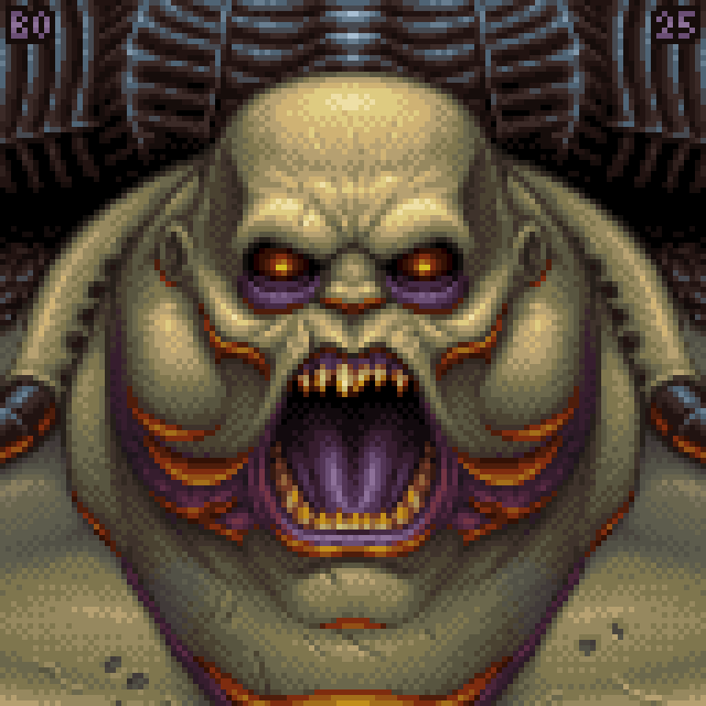 I made some pixelart.
#Doom #Pixelart 

(fun fact, my tablet pen broke, so this is the first of my Doom monster portraits made entirely with a mouse.)