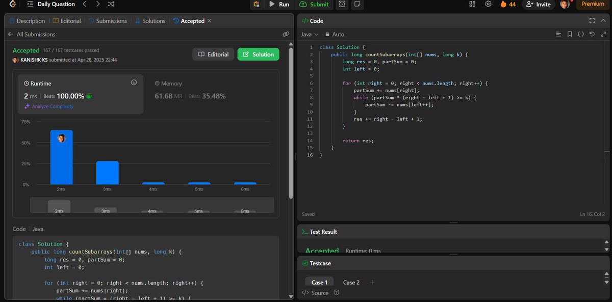 AUGUSTUS474787's tweet image. DAY 44/100
Problem solved on LeetCode! 🚀 All 167 test cases passed in just 2 milliseconds, beating 100% in runtime! Java, you've done it again. Memory usage: 61.68 MB (above average 🧮). Feeling unstoppable! 💡 #LeetCode #JavaPerformance #CodingLife"